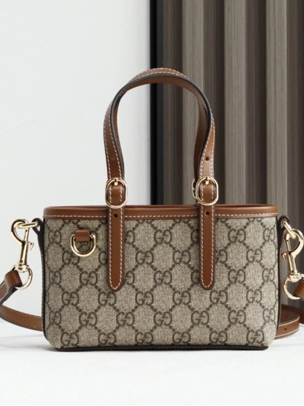 Gucci Beige GG Canvas Top-Handle Crossbody Bag with Brown Leather Trim